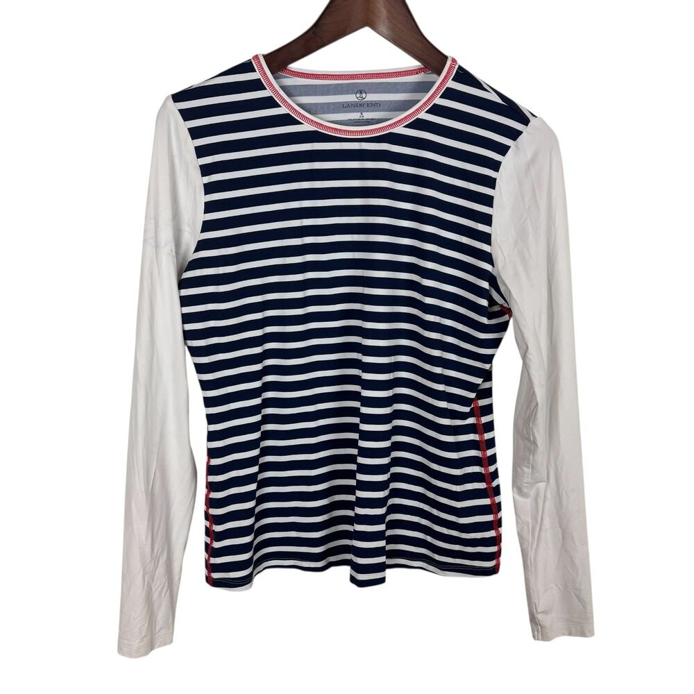 Lands' End Navy White Striped Long Sleeve Rash Guard Wicking Women's Small Stain